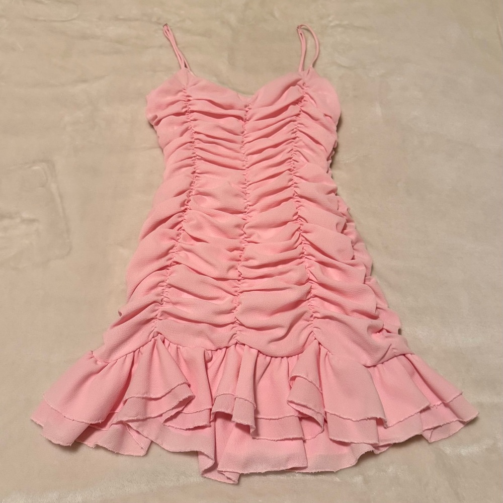 Lucy in the Sky Bubblegum Pink Ruched Ruffle Hem Mini Dress